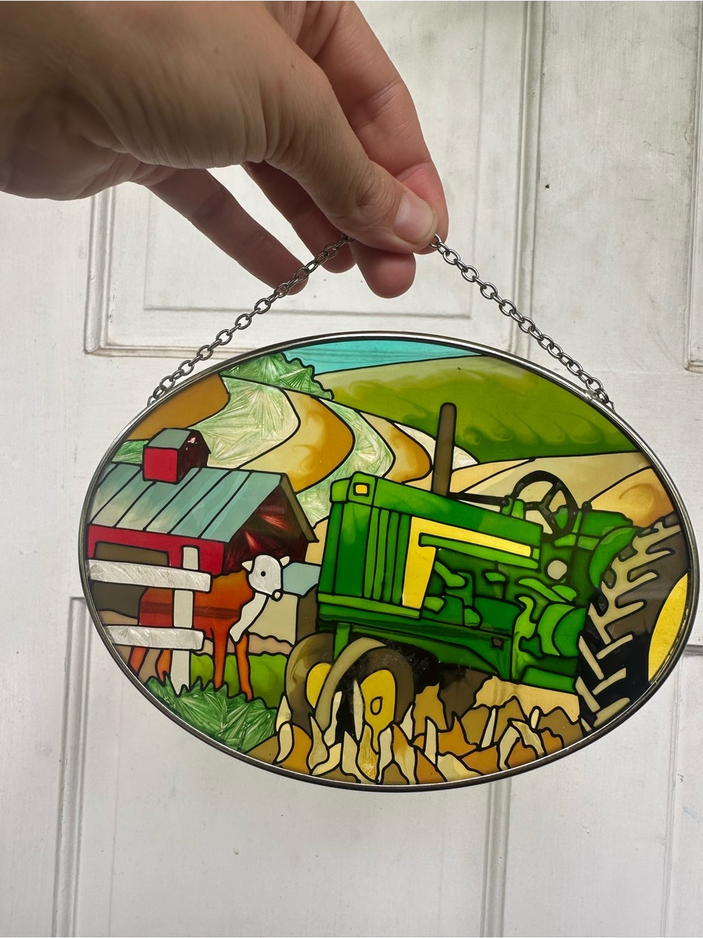Green Tractor Faux Stained Glass Farm Scene Window Panel